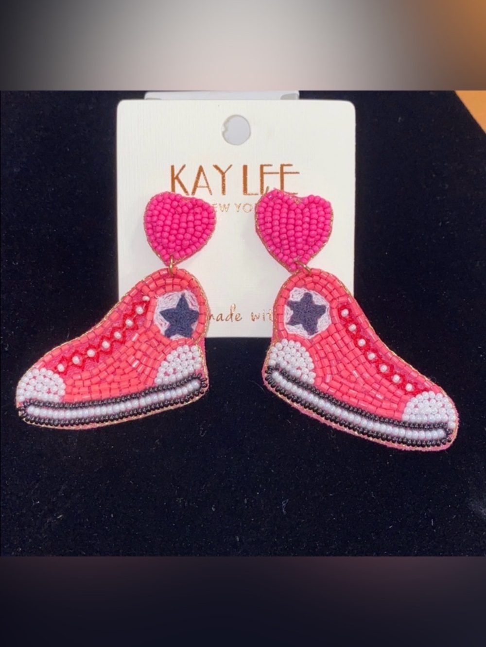 Kay Lee Beaded Sneaker Earrings with Heart Design NWT